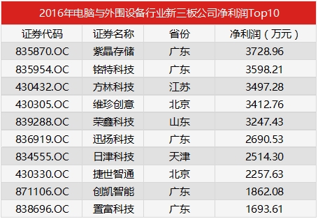 2016年电脑与外围设备行业新三板公司净利润