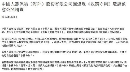 国寿海外公司漏报减持恒盛地产信息 遭香港证
