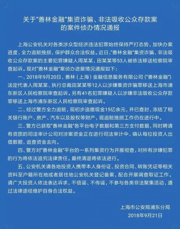 上海警方善林金融非法集资213亿未兑付53人移送检察院审查起诉