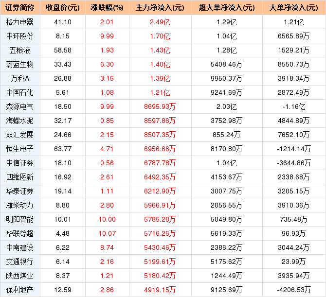 格力电器1月29日主力净流入2.49亿元,居两市第1