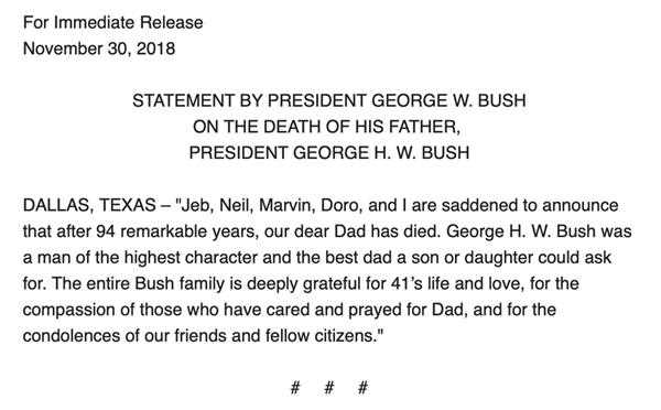 美国前总统老布什去世 儿子小布什发声明