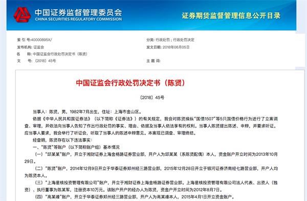 上海星核投资管理有限公司陈贤操纵5只国债价格 被罚百万元