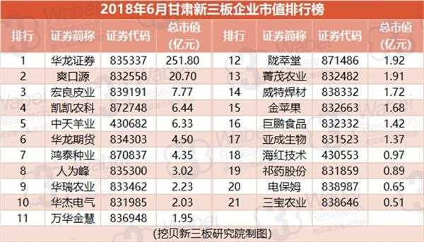 2018年6月甘肃新三板企业市值排行榜(挖贝新三板研究院制图)