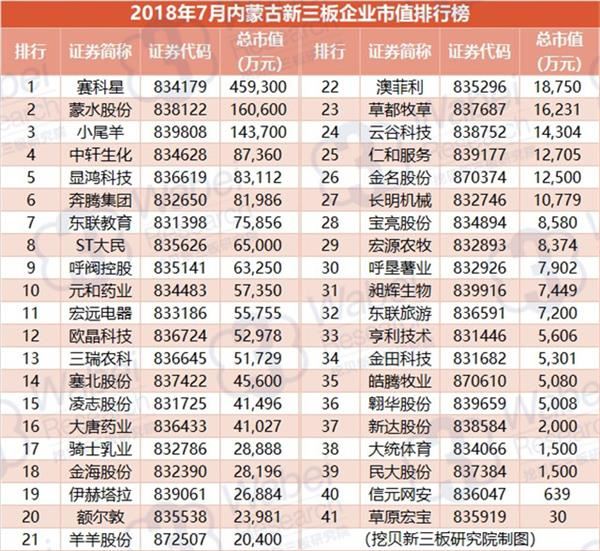 2018年7月内蒙古新三板企业市值排行榜(挖贝新三板研究院制图)