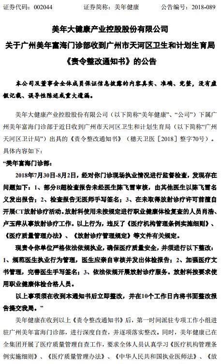 1.jpg 美年健康发布公告下属门诊部收到责令整改通知书