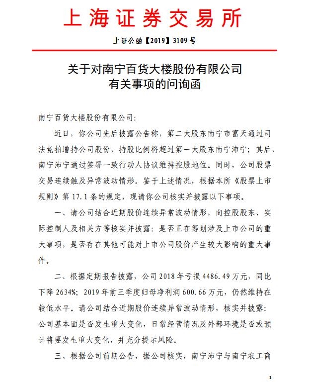 南宁百货收上交所问询函