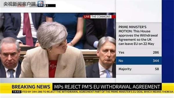 英国议会投票第三次否决首相脱欧草案