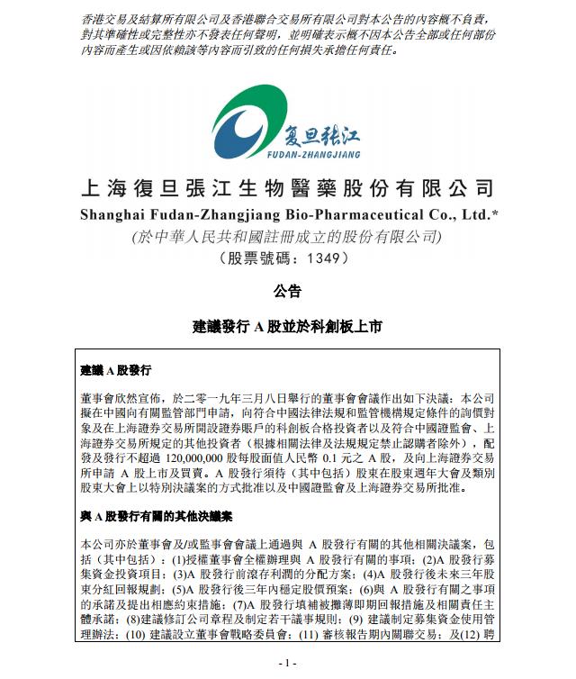 港股复旦张江公告：建议发行A股并于科创板上市