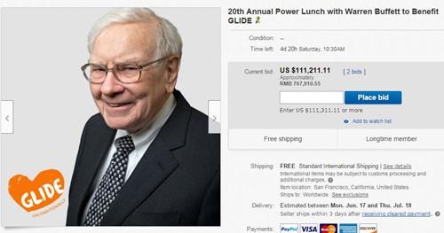 巴菲特2019年慈善午餐开拍 目前出价已超过11万美元
