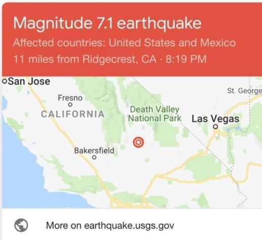 美国加州发生7.1级大地震 这是1999年以来该地区最强地震