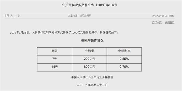 央行開展1000億元逆回購 預計10月上半月資金面將回暖--銀行家園網