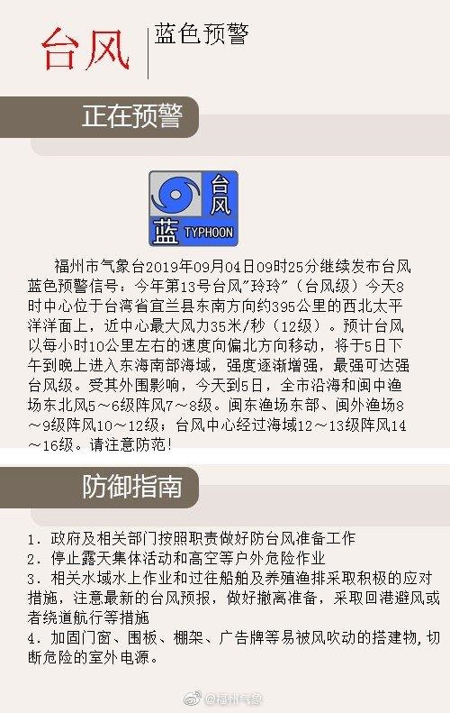 福州继续发布台风蓝色预警信号! 福州继续发布台风蓝色预警信号!