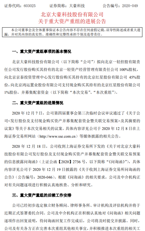 大豪科技公司及有关各方正积极推进重组工作