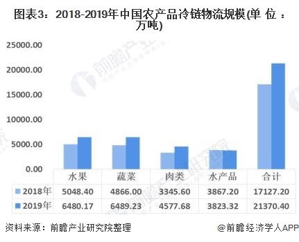 图表3:2018-2019年中国农产品冷链物流规模(单位：万吨)