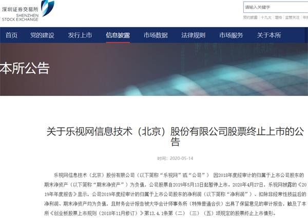 乐视网真要退市了!28万股民梦想窒息 退市后将不能重新上市