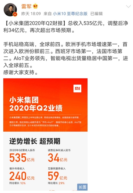 雷军笑了!小米财报一出 市值立马突破5000亿