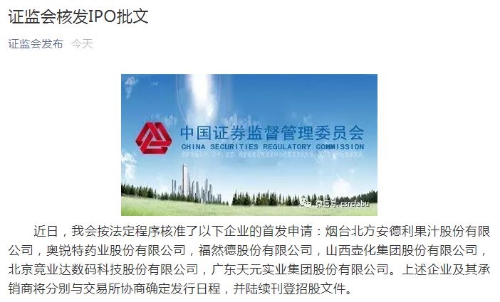 证监会核发6家企业IPO批文