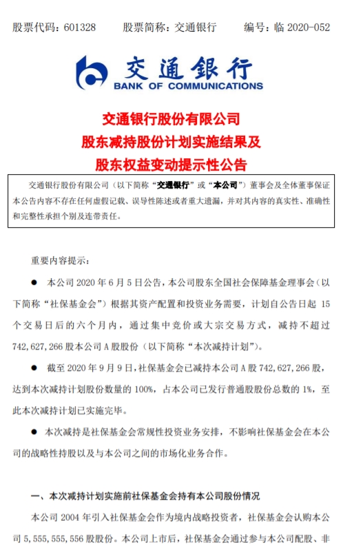 交通银行:社保基金会累计减持1%股份 完成减持计划