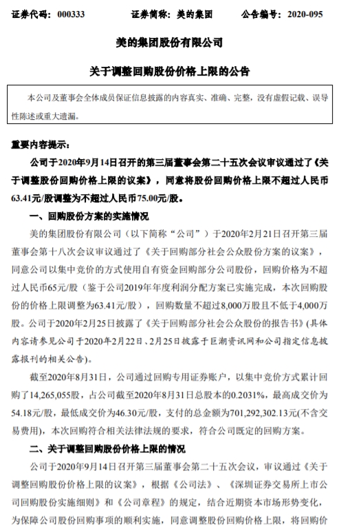 美的集团:上调股份回购价格上限至不超过75元/股