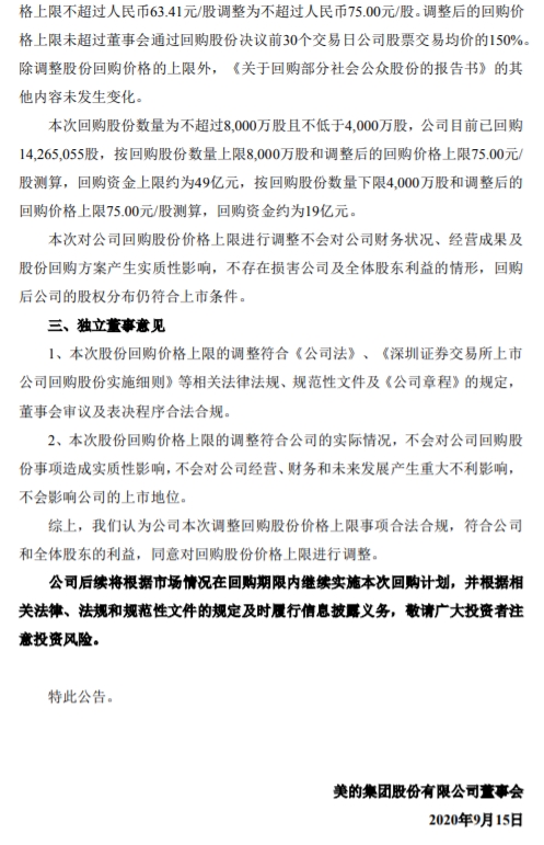 美的集团:上调股份回购价格上限至不超过75元/股