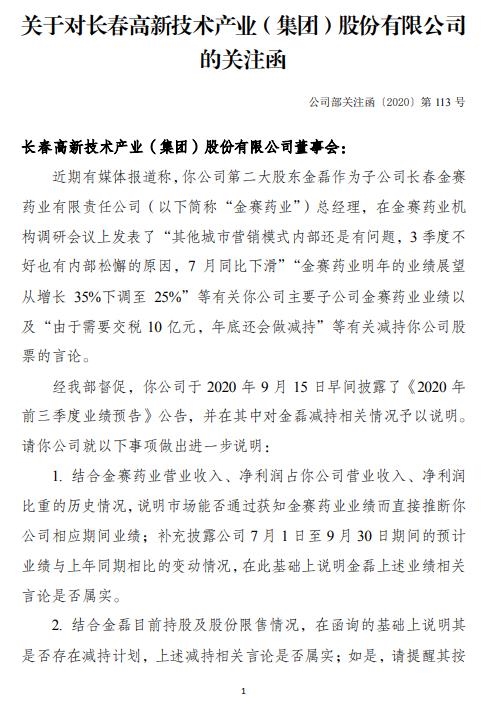 长春高新收到关注函 要求说明是否存在违反公平信息披露原则的情形