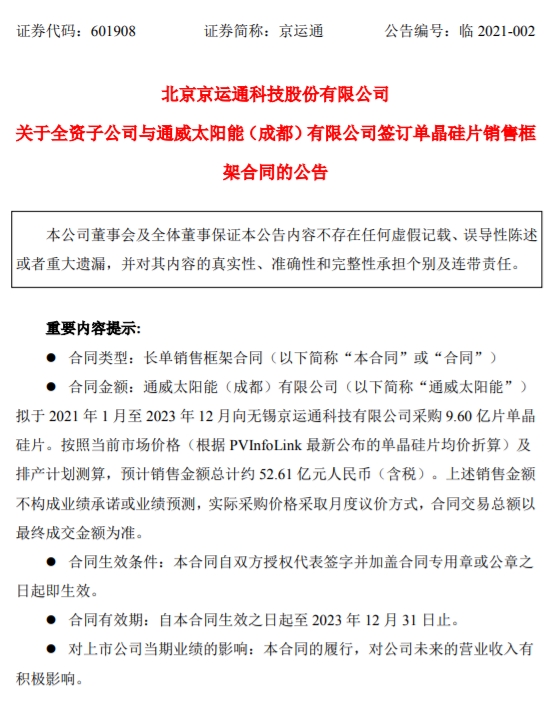 京运通 两家子公司签订单晶硅片销售框架合同预计金额合计约89 5亿元 财经新闻快讯行情 新手小白学金融理财平台网