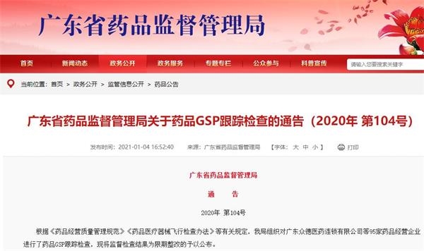 广东通报药品GSP跟踪检查情况 1药网需限期整改